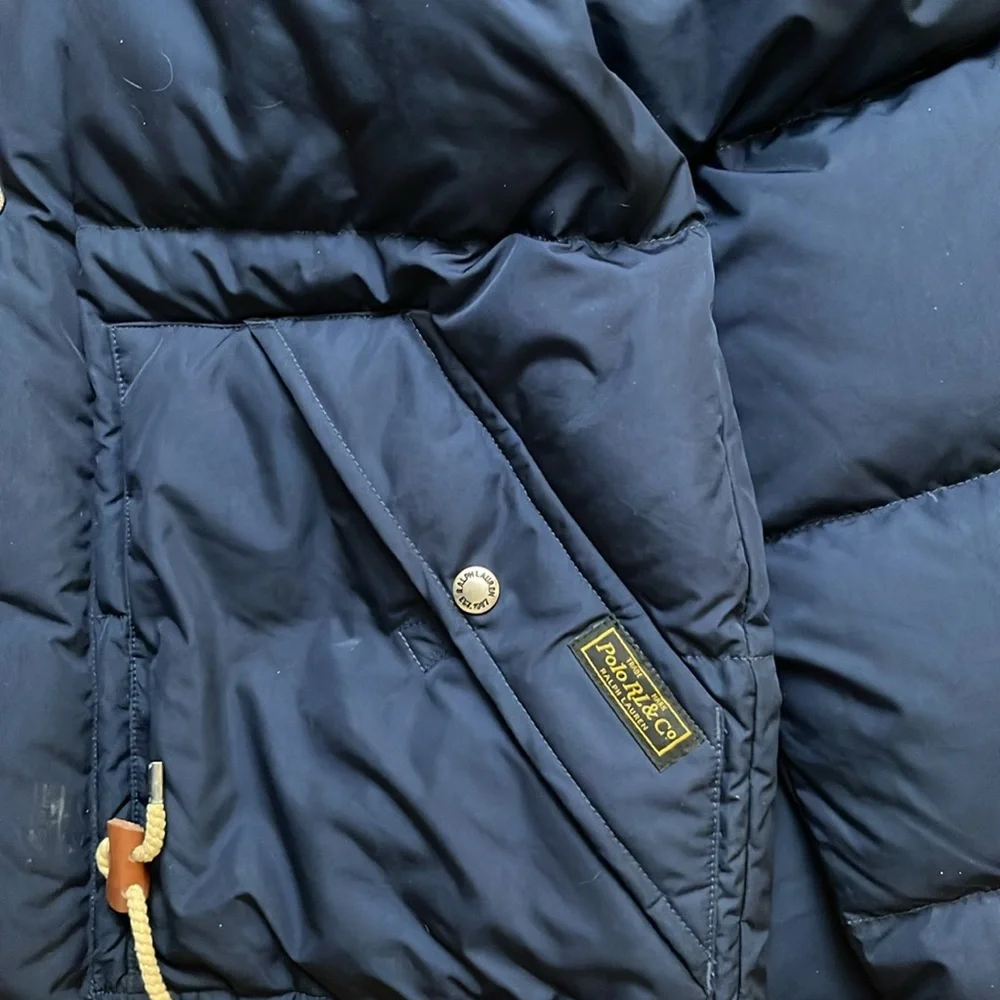 Polo Ralph Lauren Navy Goose Down Puffer Jacket Hooded Leather Toggle Coat Men’s